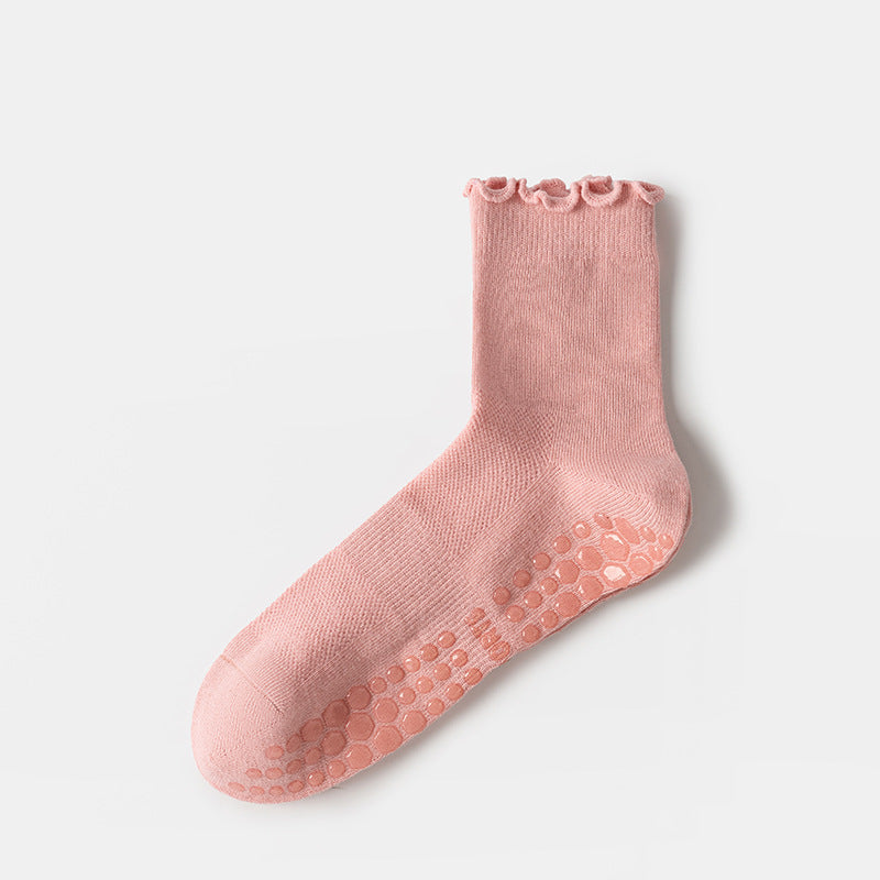 Solid Knit Lettuce Trim Crew Pilates Grip Socks - Pink