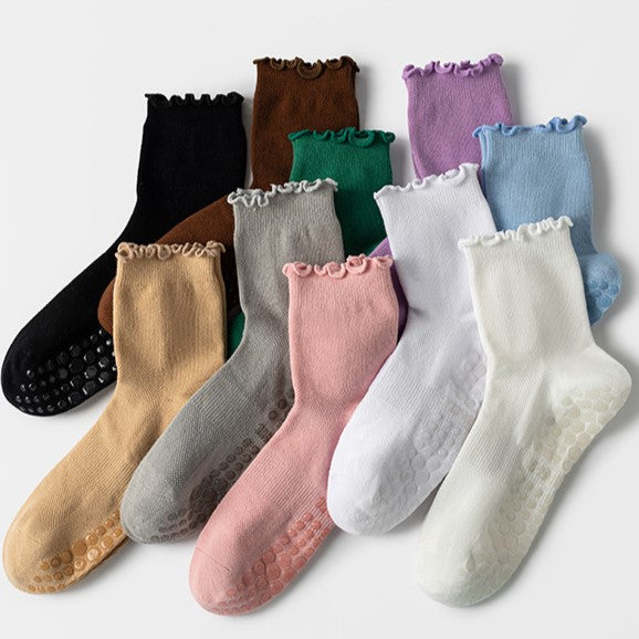 Solid Knit Lettuce Trim Crew Pilates Grip Socks - Pink - 1