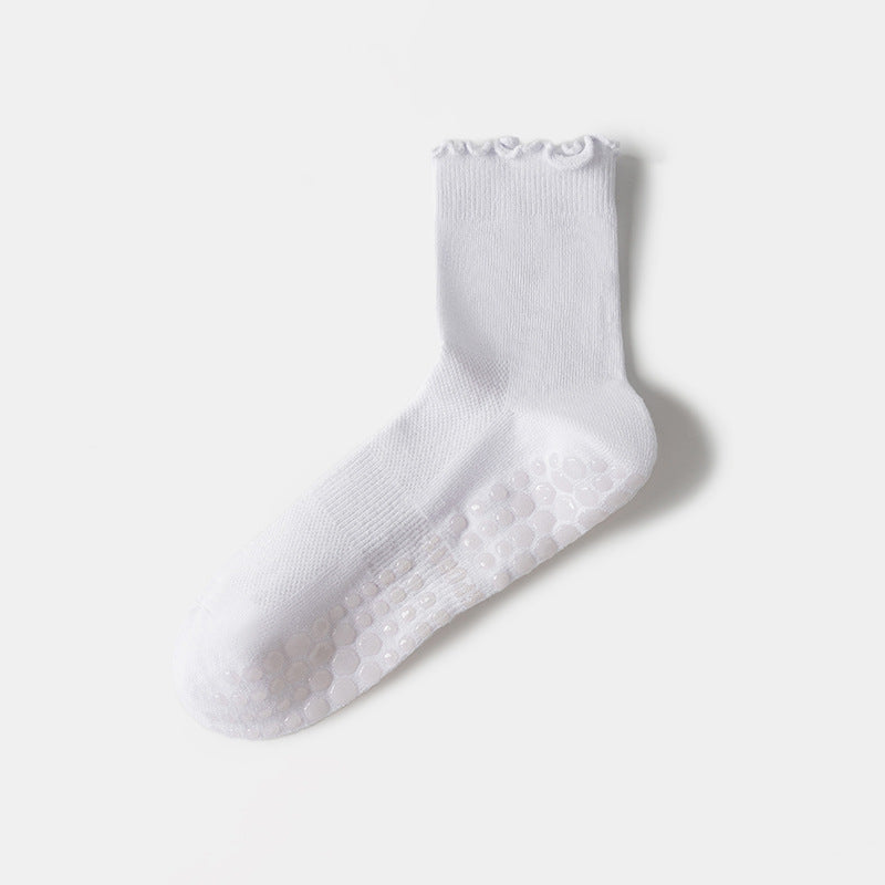 Solid Knit Lettuce Trim Crew Pilates Grip Socks - White