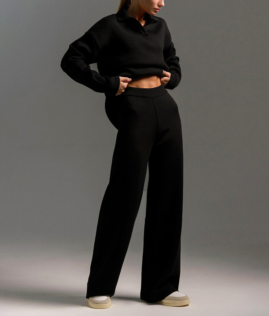 Collared Knit Sweater Wide Leg Pant Set - Black