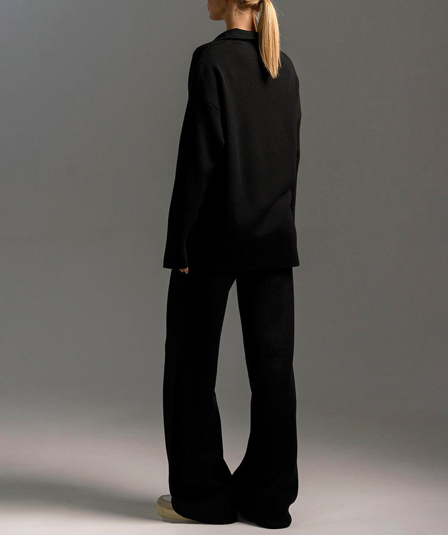 Collared Knit Sweater Wide Leg Pant Set - Black - 1