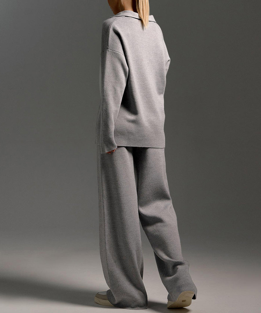 Collared Knit Sweater Wide Leg Pant Set - Gray - 1