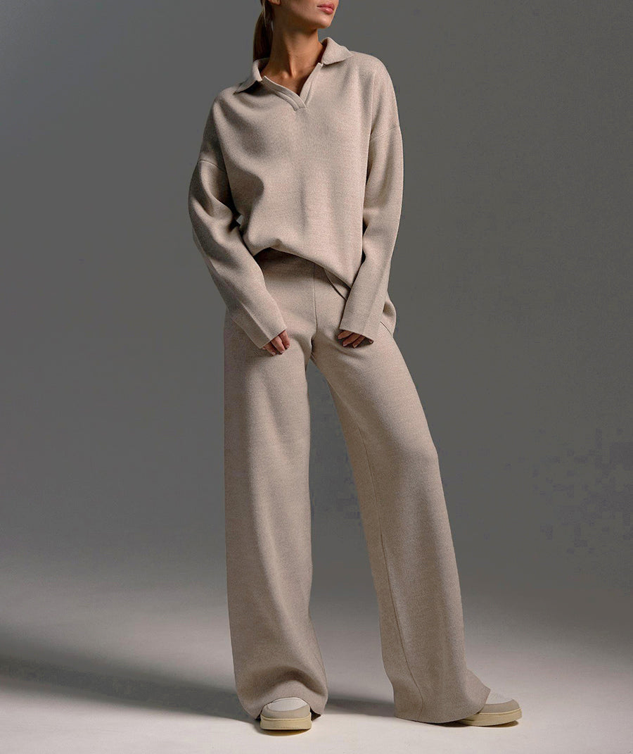 Collared Knit Sweater Wide Leg Pant Set - Khaki