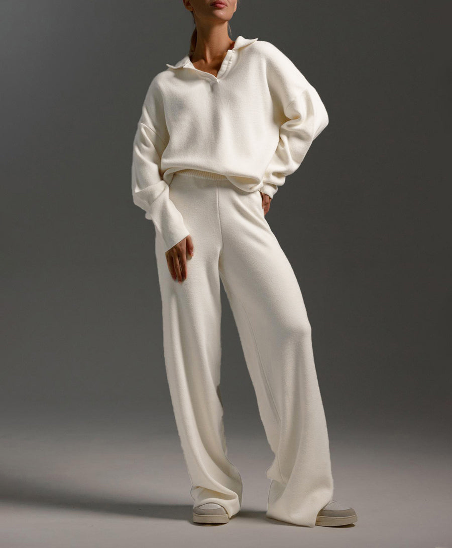 Collared Knit Sweater Wide Leg Pant Set - Ricewhite