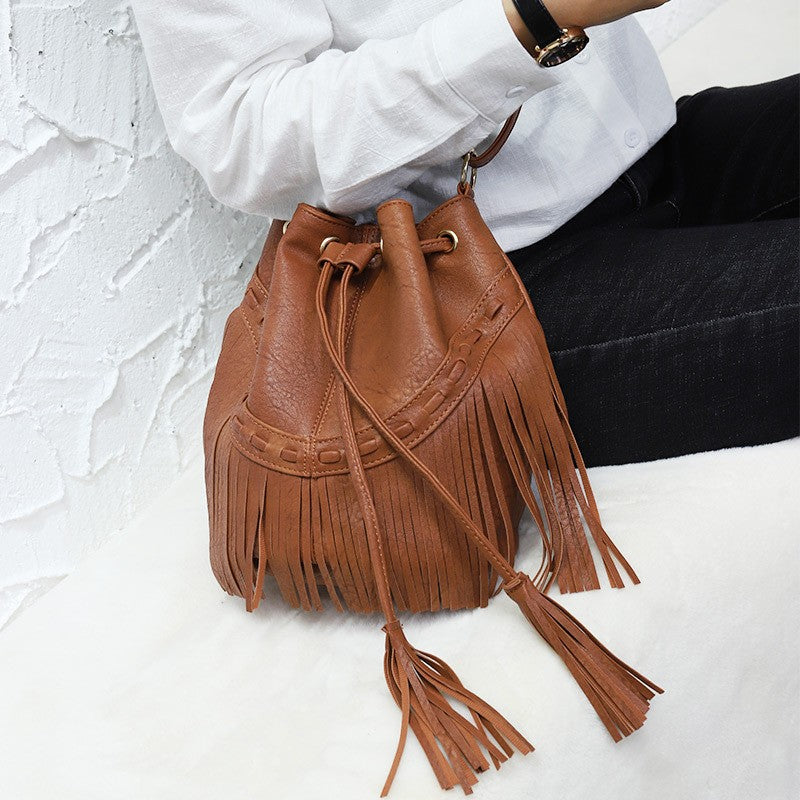 Western Fringe Drawstring Bucket Bag - Brown