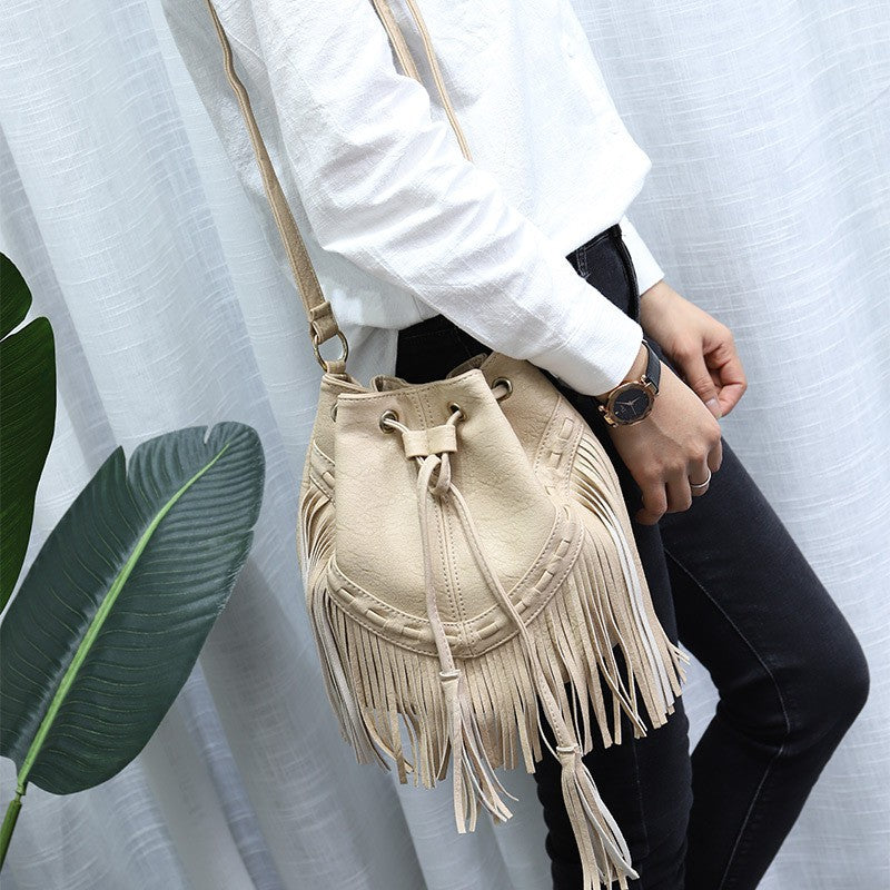 Western Fringe Drawstring Bucket Bag - Cream