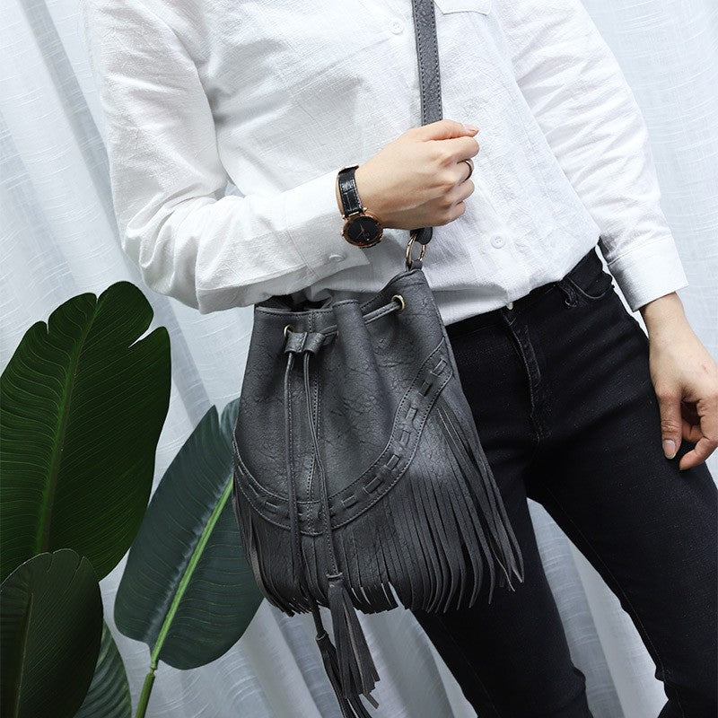 Western Fringe Drawstring Bucket Bag
