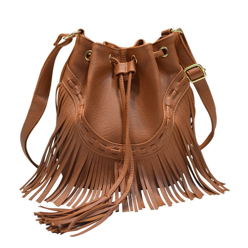 Western Fringe Drawstring Bucket Bag