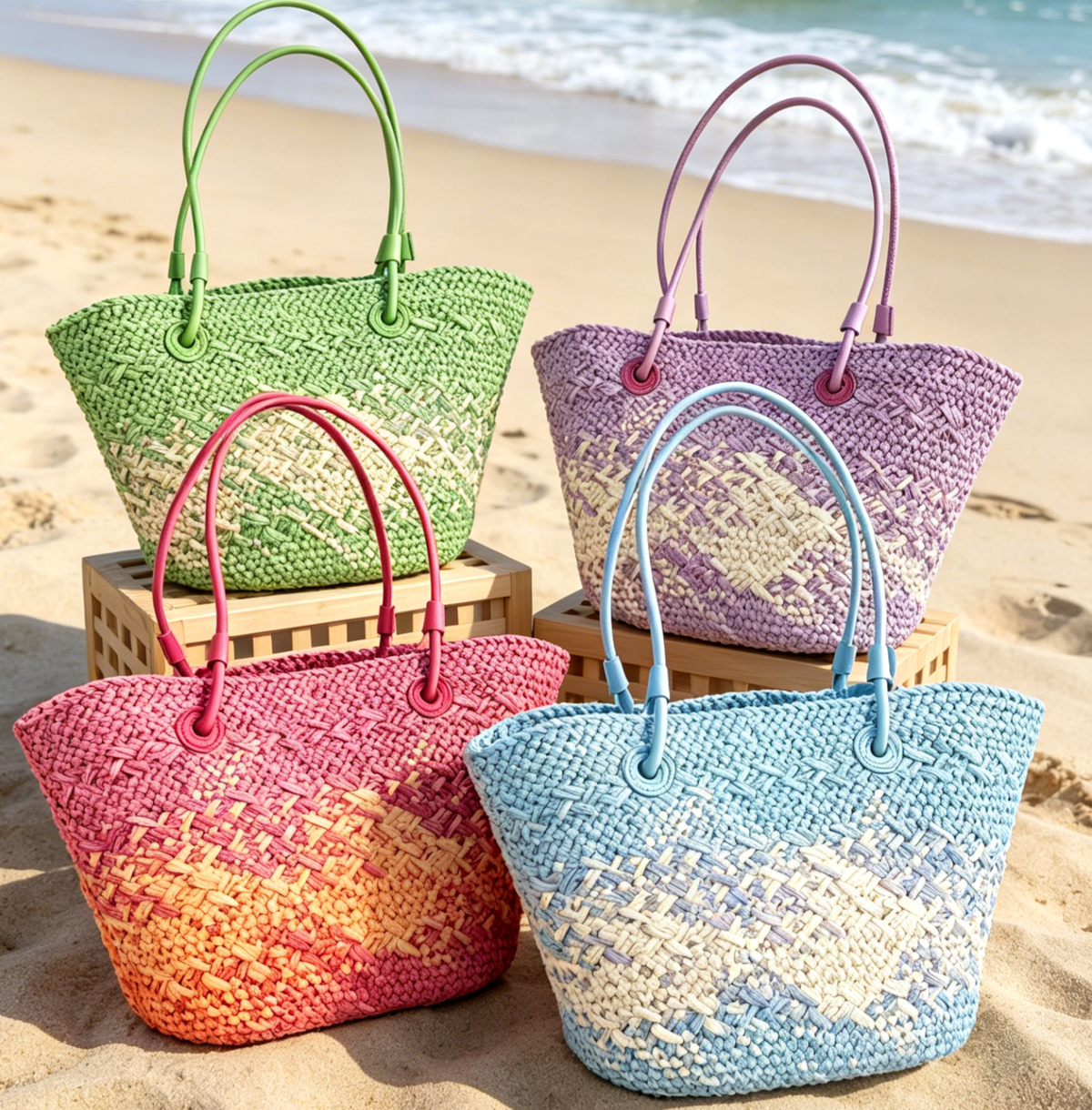 Ombre Woven Straw Basket Tote Bag - Beige