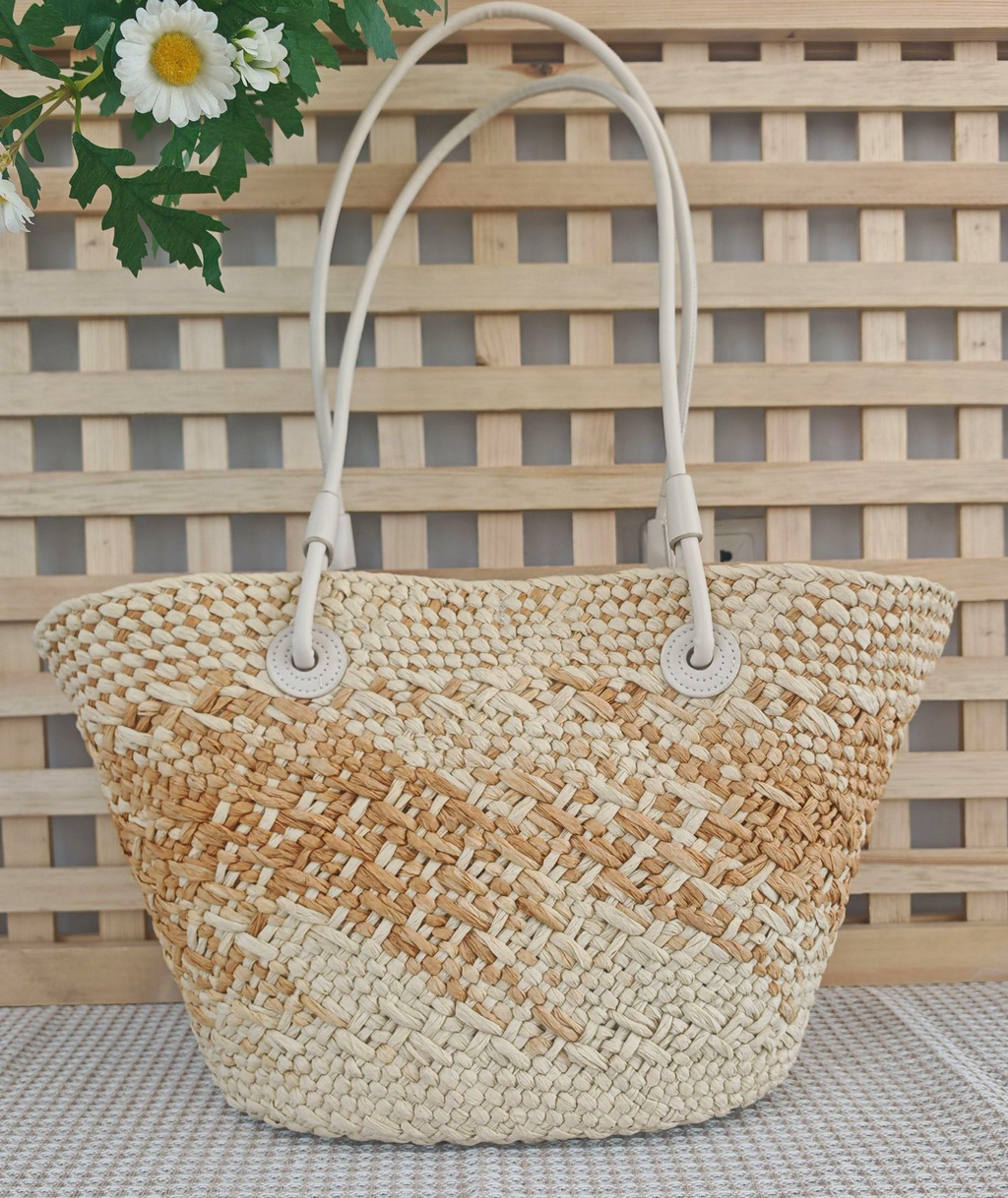 Ombre Woven Straw Basket Tote Bag - Beige - 1