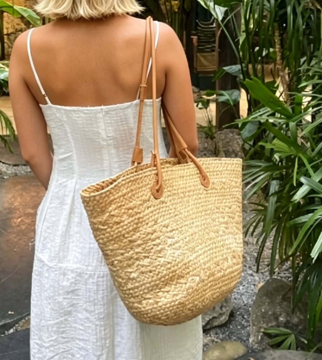 Ombre Woven Straw Basket Tote Bag - Beige - 3
