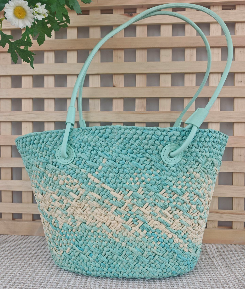 Ombre Woven Straw Basket Tote Bag - Blue