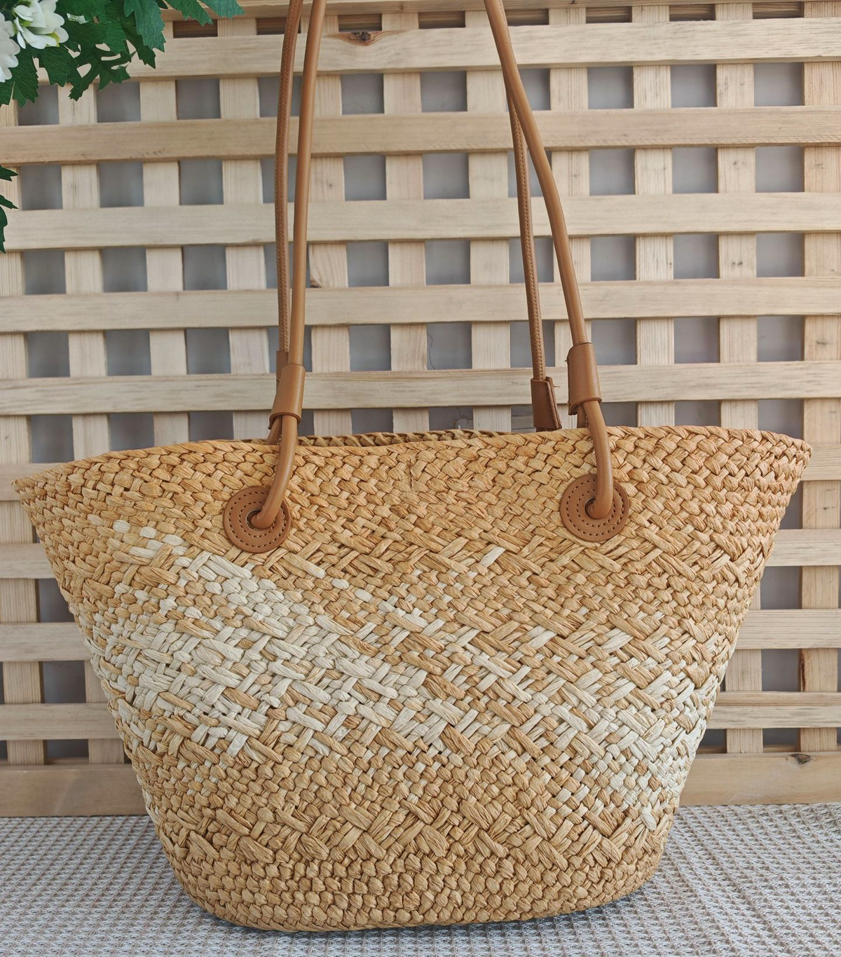 Ombre Woven Straw Basket Tote Bag - Khaki