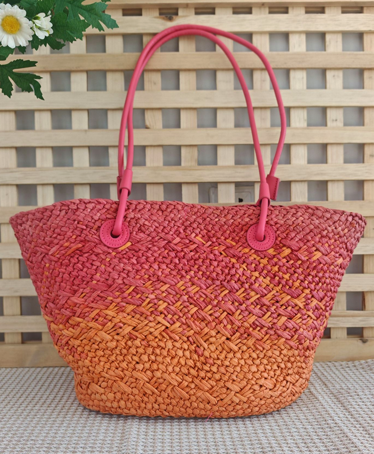 Ombre Woven Straw Basket Tote Bag - Orange