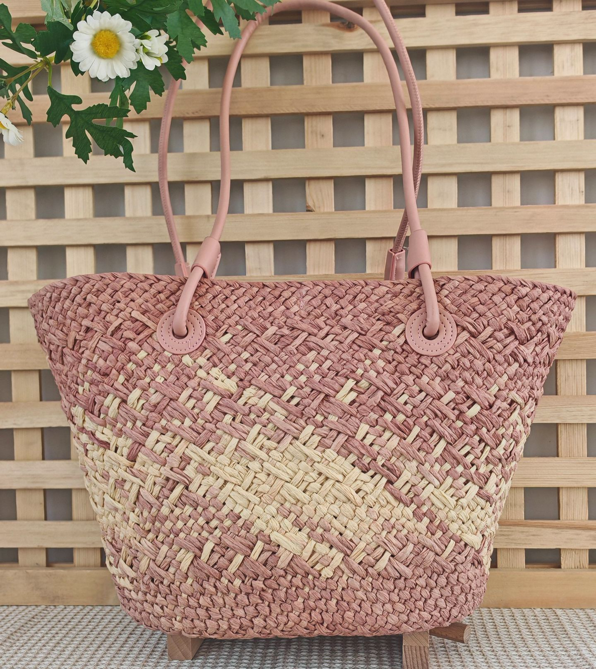 Ombre Woven Straw Basket Tote Bag - Pink