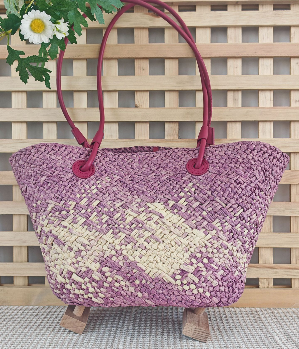 Ombre Woven Straw Basket Tote Bag - Purple