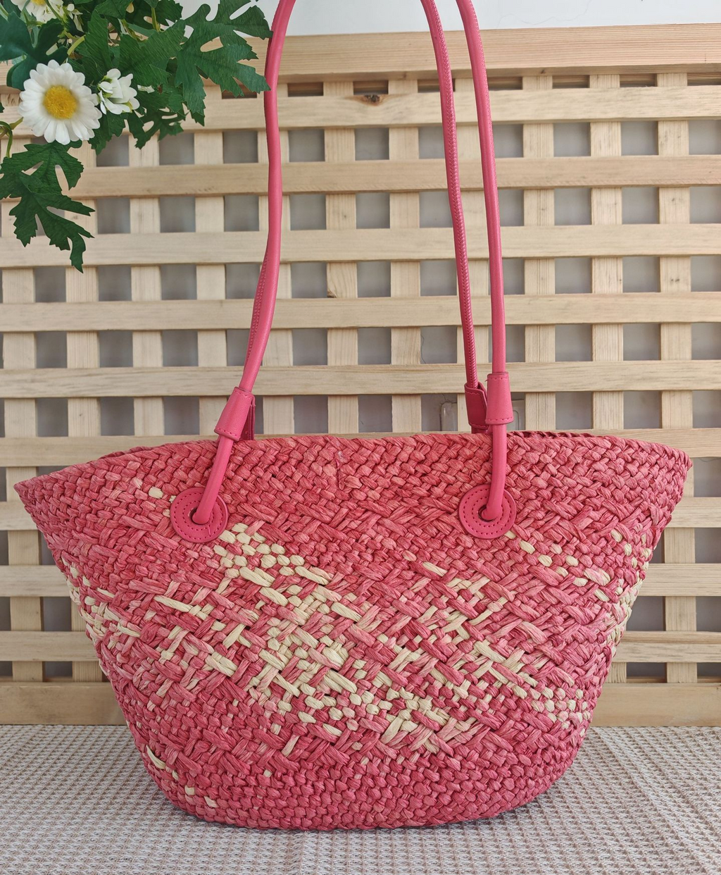 Ombre Woven Straw Basket Tote Bag - Rose_red