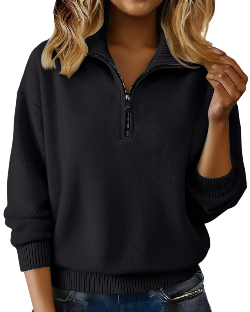 Quarter Zip Knit Sweater Collared Relaxed Pullover - Black