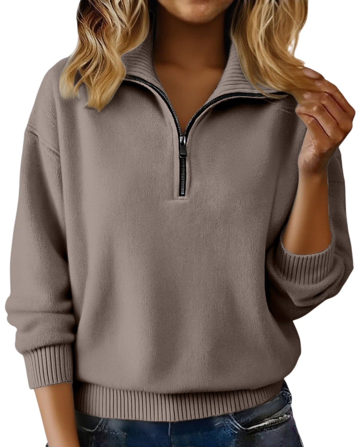 Quarter Zip Knit Sweater Collared Relaxed Pullover - Camel