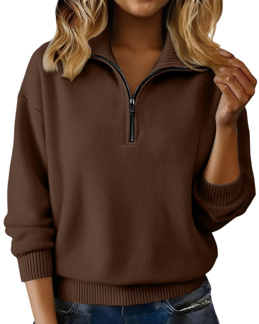 Quarter Zip Knit Sweater Collared Relaxed Pullover - Coffee