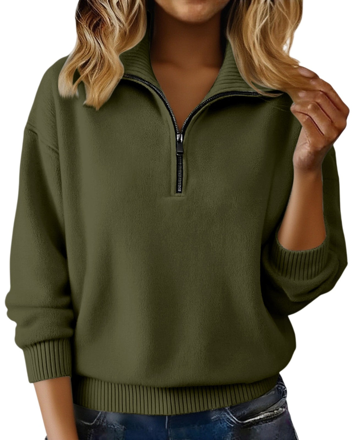 Quarter Zip Knit Sweater Collared Relaxed Pullover - Green