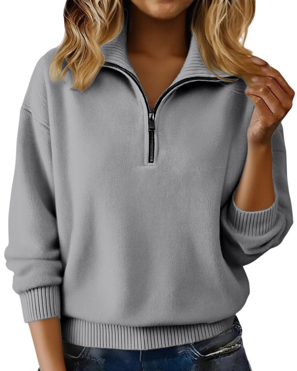 Quarter Zip Knit Sweater Collared Relaxed Pullover - Grey