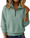 Quarter Zip Knit Sweater Collared Relaxed Pullover - LightGreen