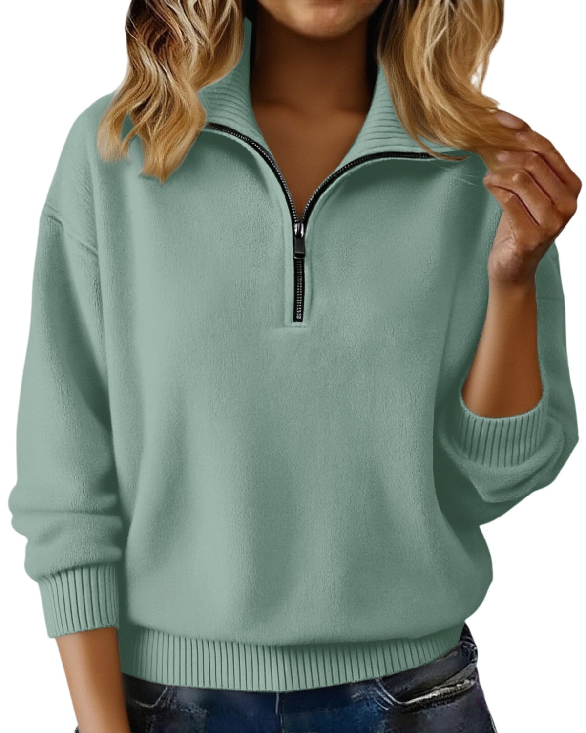 Quarter Zip Knit Sweater Collared Relaxed Pullover - LightGreen