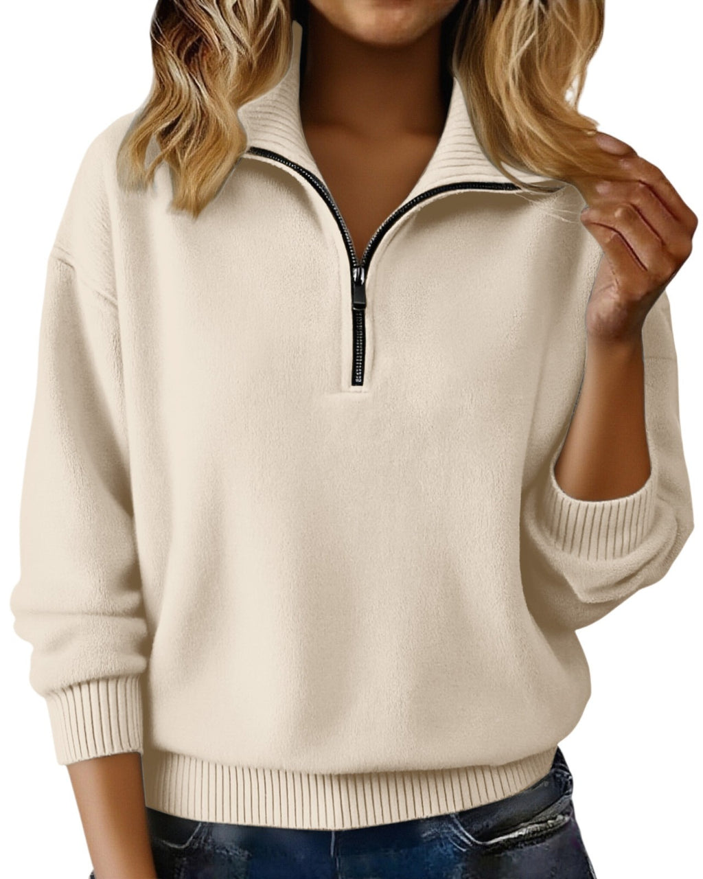 Quarter Zip Knit Sweater Collared Relaxed Pullover - Off_White