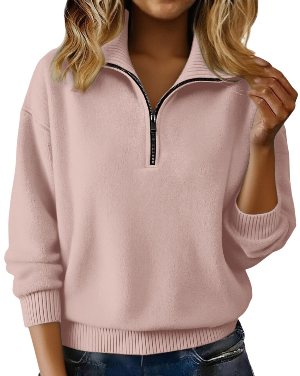 Quarter Zip Knit Sweater Collared Relaxed Pullover - Pink