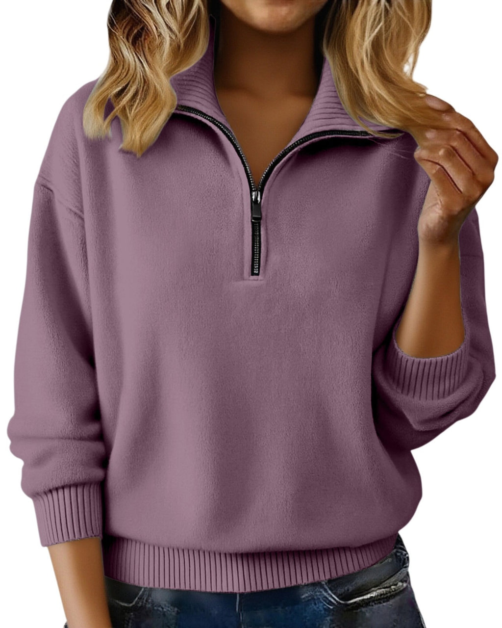 Quarter Zip Knit Sweater Collared Relaxed Pullover - Purple
