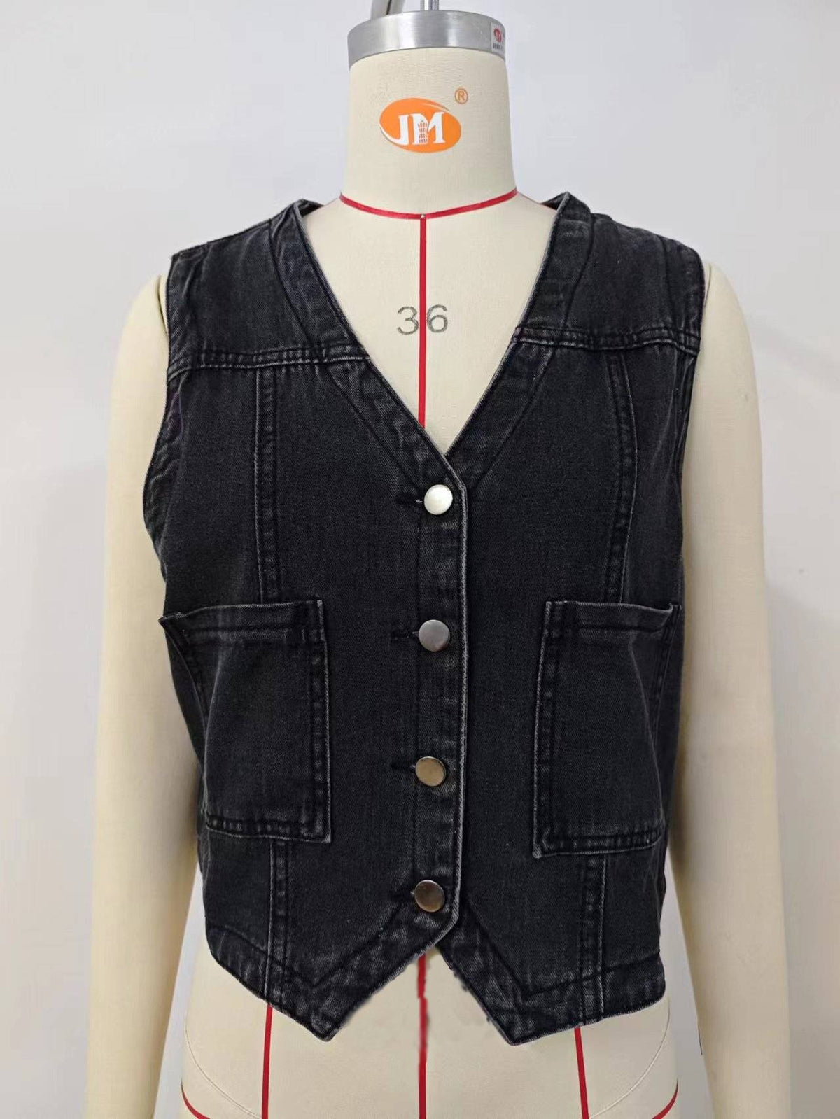 Collarless Patch Pocket Denim Waistcoat - Black - 5