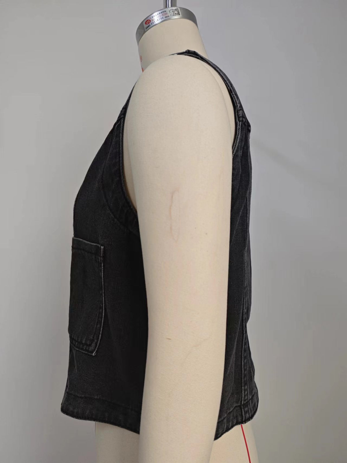Collarless Patch Pocket Denim Waistcoat - Black - 6