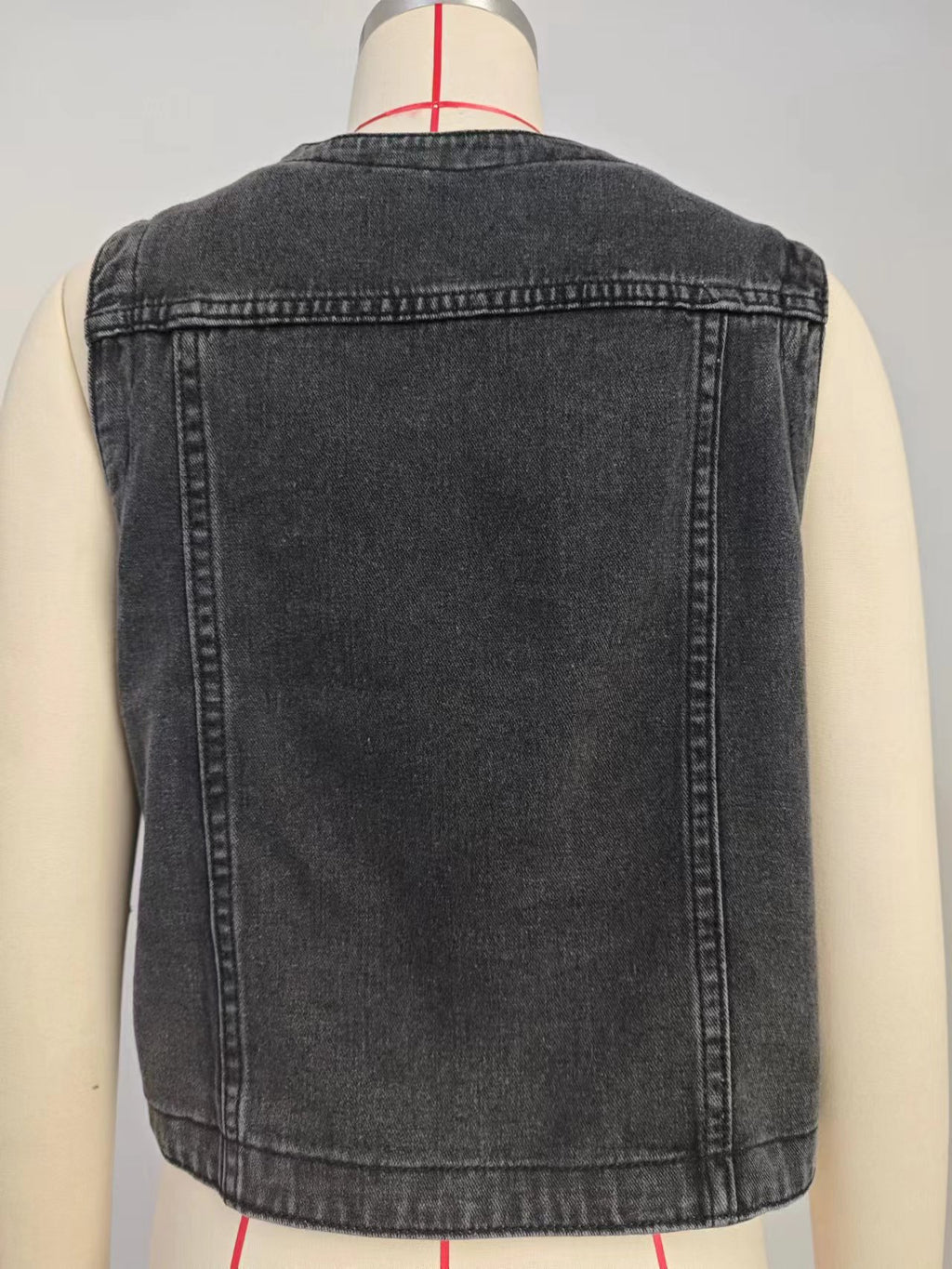 Collarless Patch Pocket Denim Waistcoat - Black - 7