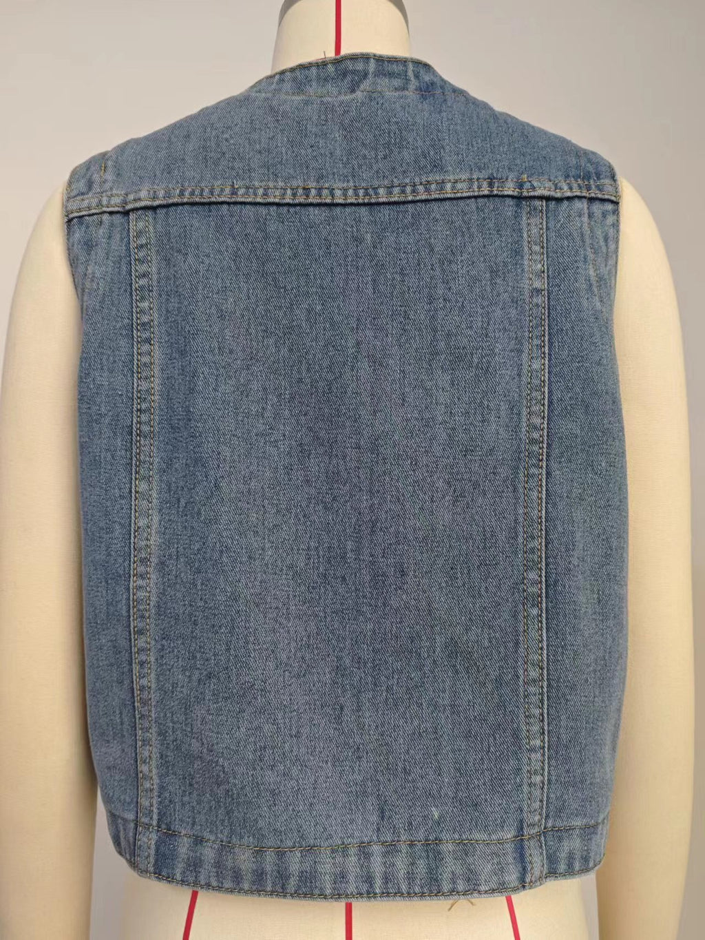 Collarless Patch Pocket Denim Waistcoat - Blue - 10
