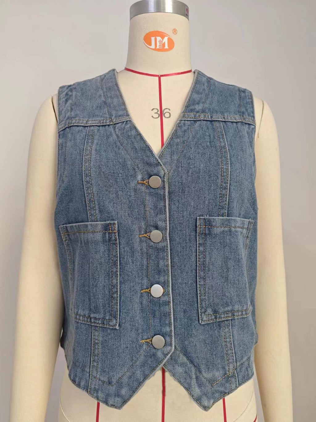 Collarless Patch Pocket Denim Waistcoat - Blue - 8