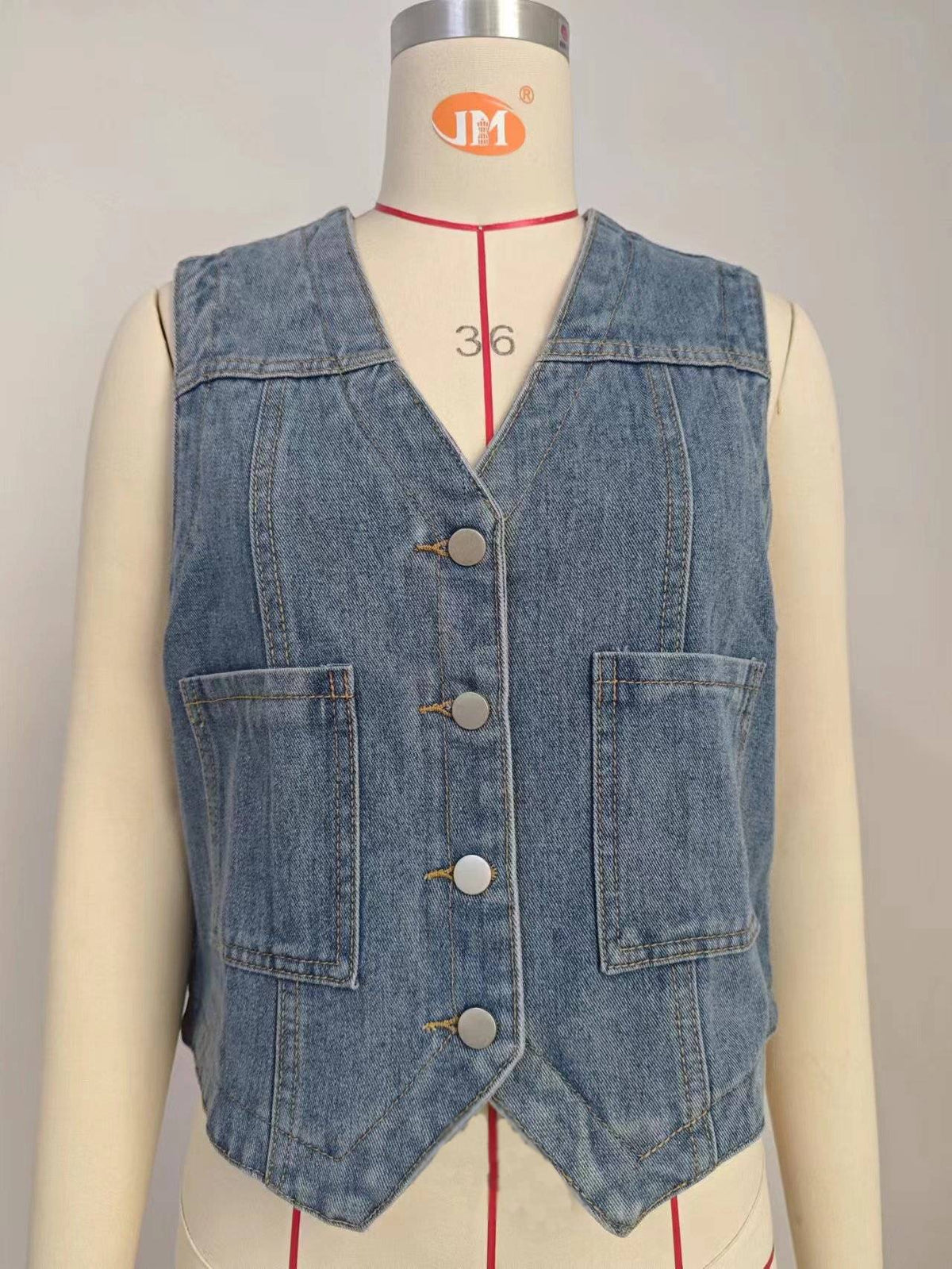 Collarless Patch Pocket Denim Waistcoat - Blue - 8