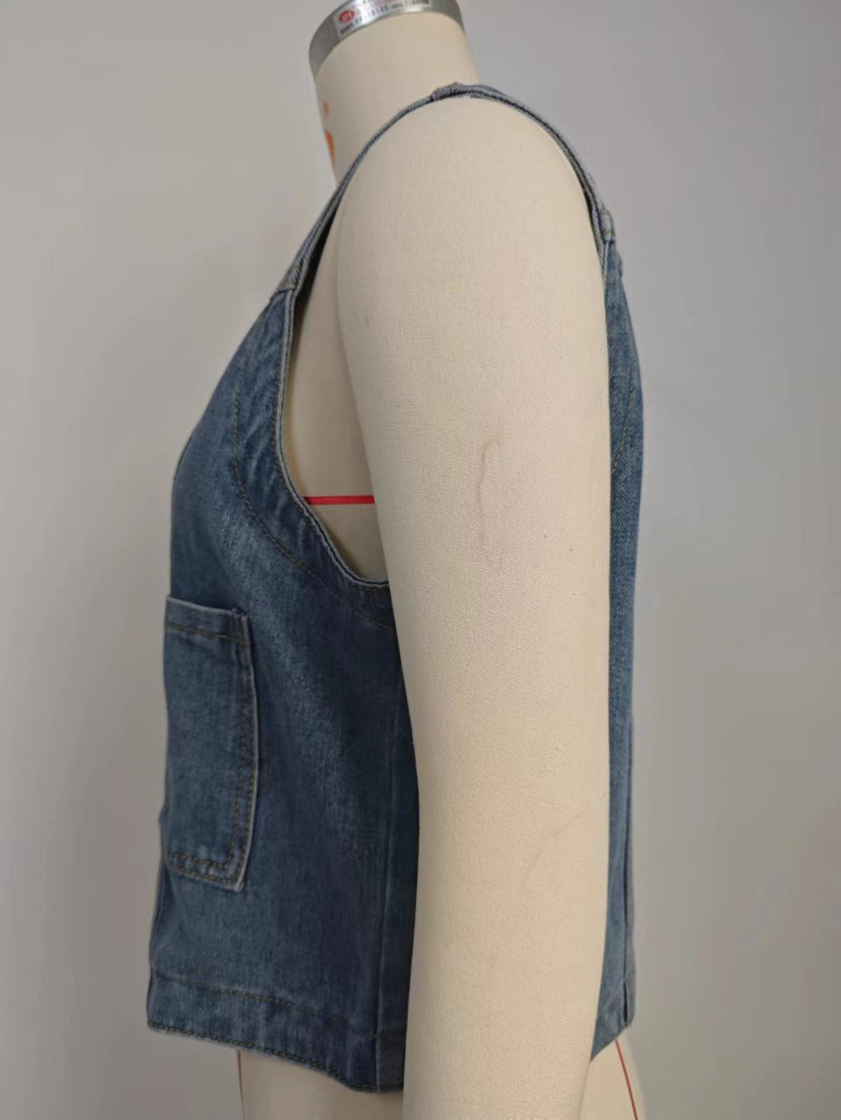 Collarless Patch Pocket Denim Waistcoat - Blue - 9