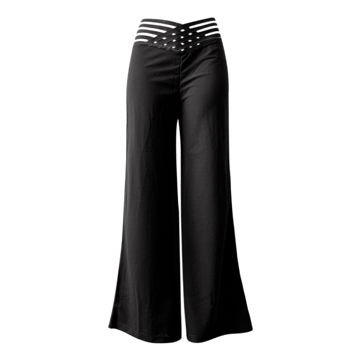 Lattice Waist High Rise Wide Leg Pants - Black