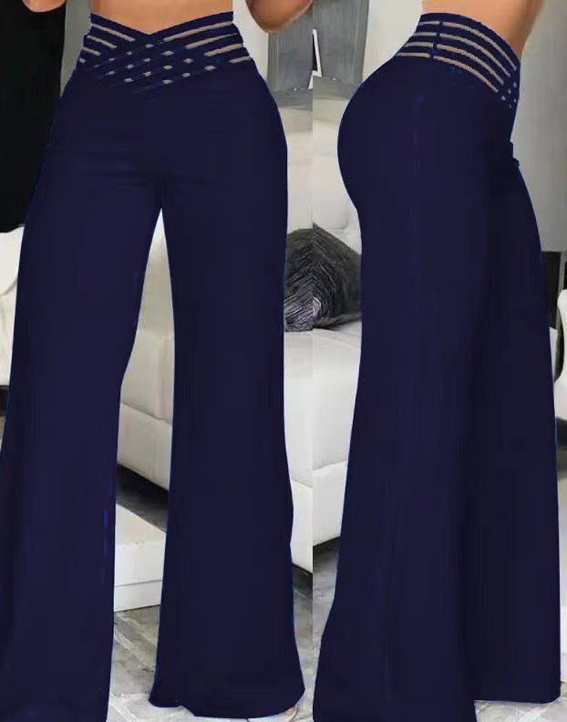 Lattice Waist High Rise Wide Leg Pants - Navy