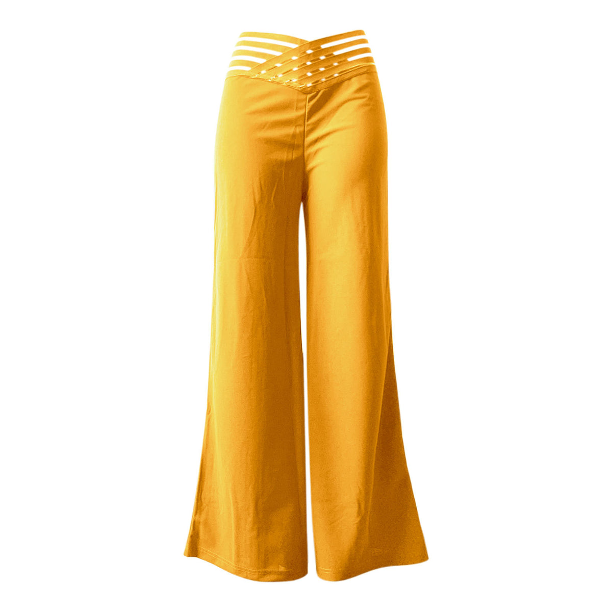 Lattice Waist High Rise Wide Leg Pants - Yellow