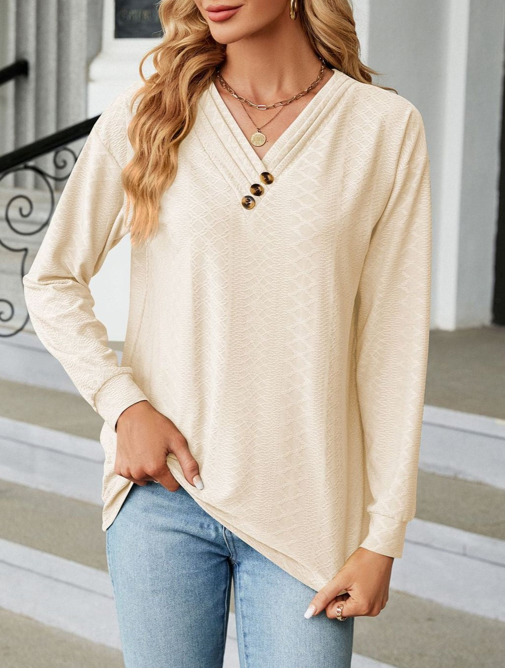 Waffle Texture Tunic Top With Button V Neck - Apricot