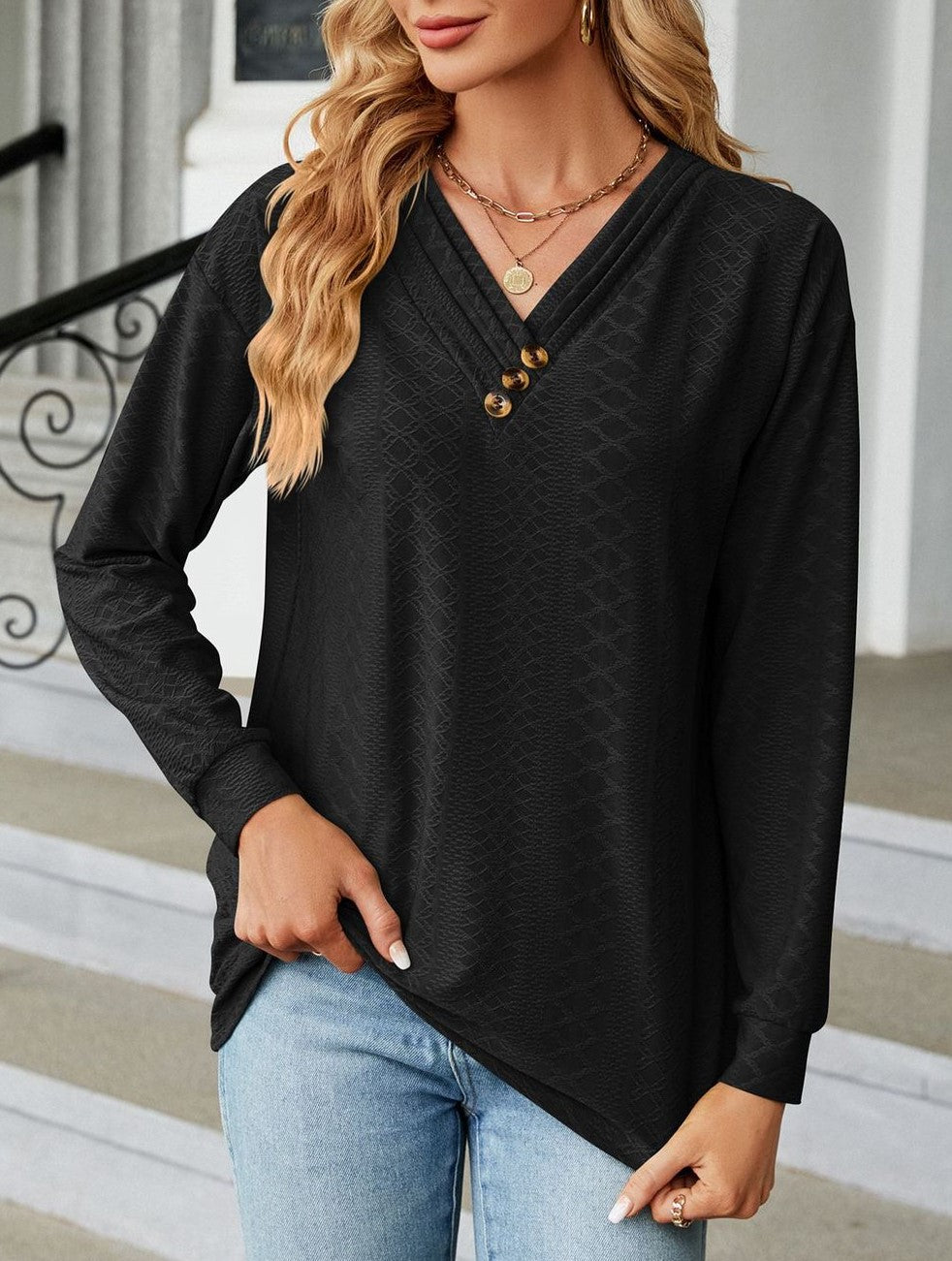 Waffle Texture Tunic Top With Button V Neck - Black