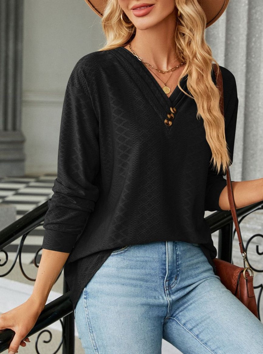 Waffle Texture Tunic Top With Button V Neck - Black - 2
