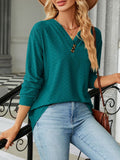 Waffle Texture Tunic Top With Button V Neck - Darkgreen