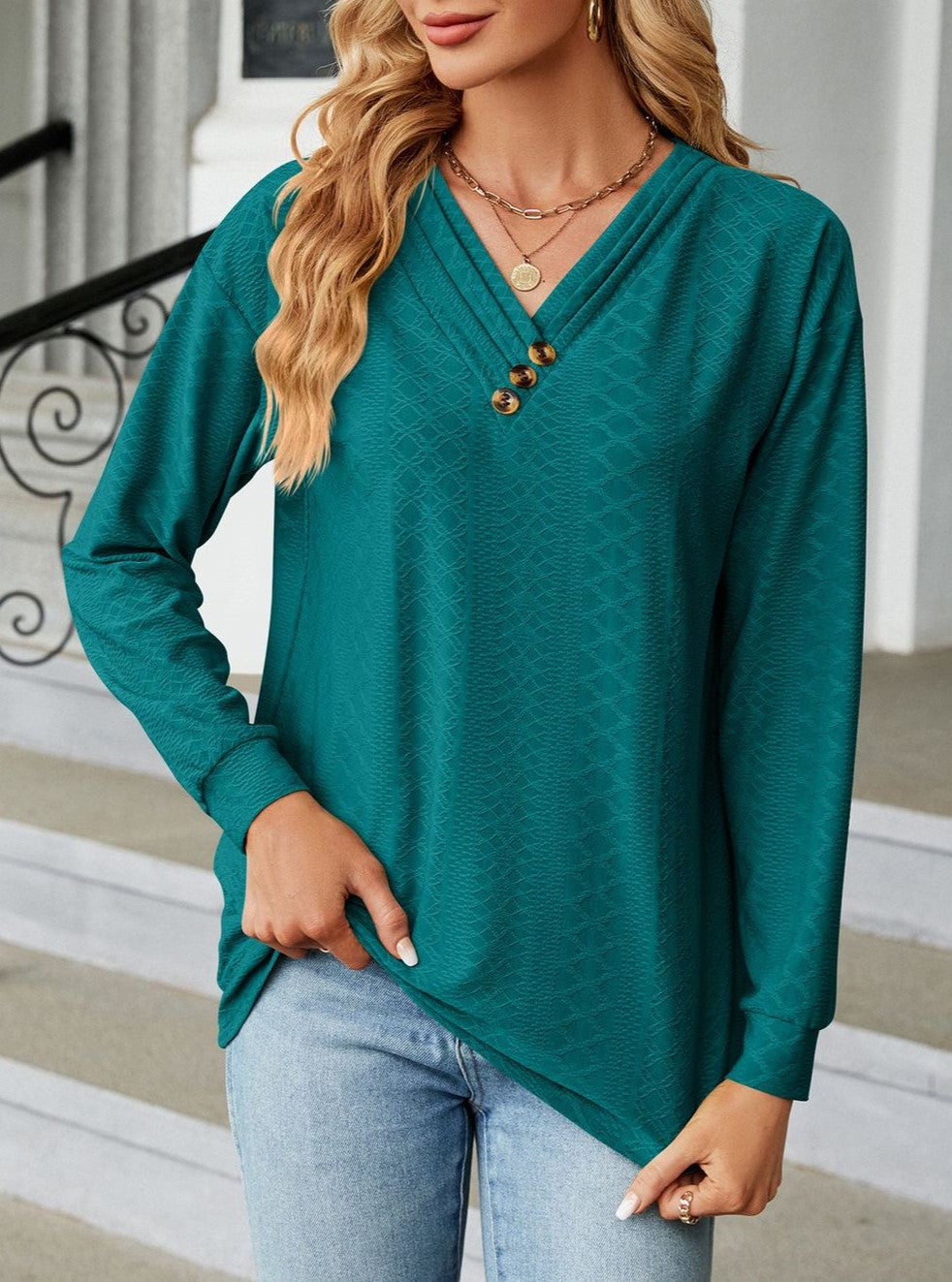 Waffle Texture Tunic Top With Button V Neck - Darkgreen - 1