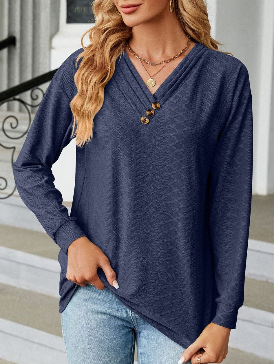 Waffle Texture Tunic Top With Button V Neck - Navyblue