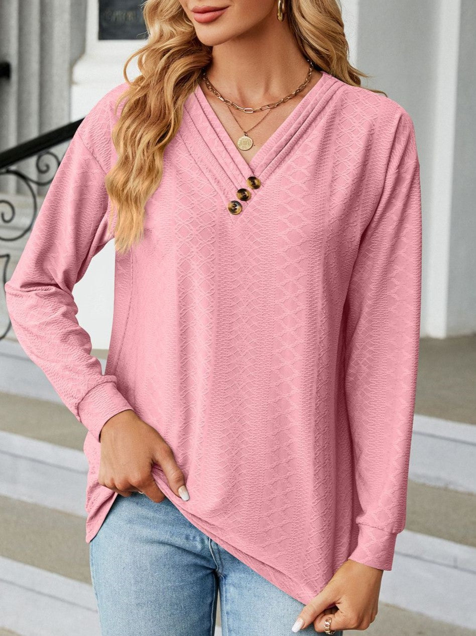 Waffle Texture Tunic Top With Button V Neck - Pink