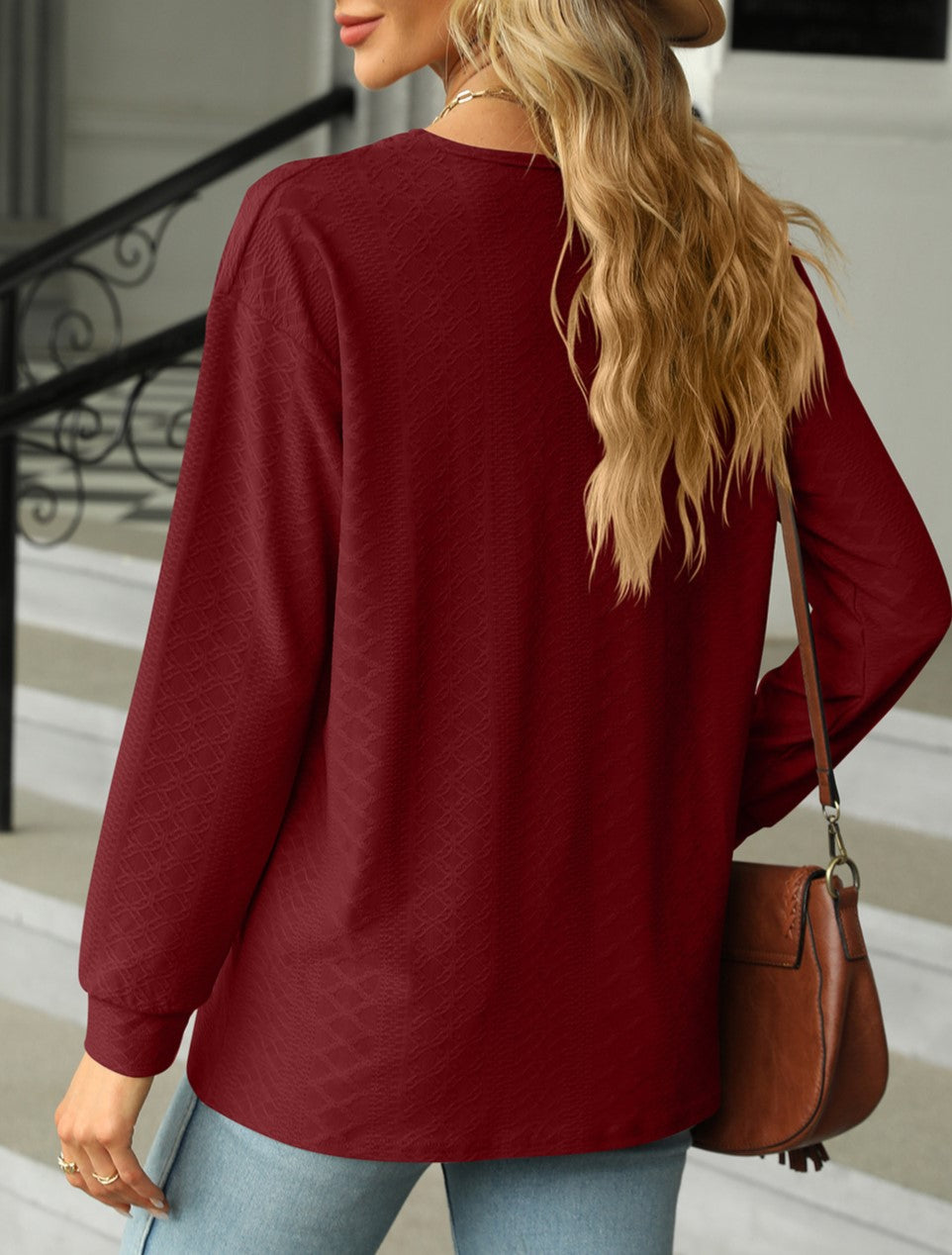 Waffle Texture Tunic Top With Button V Neck - Winered - 1