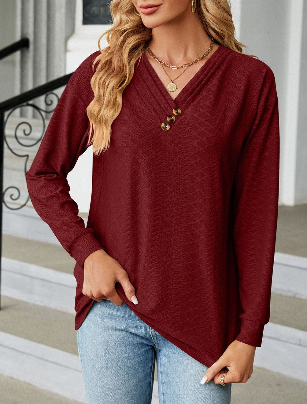 Waffle Texture Tunic Top With Button V Neck